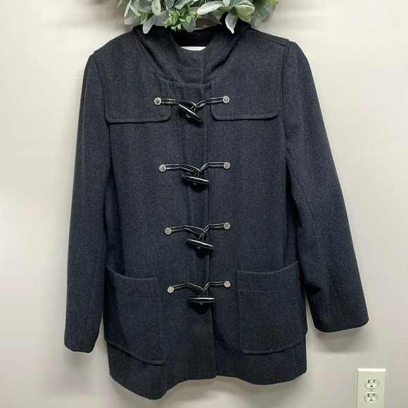 Liz Claiborne Wool Blend Peacoat Hooded Toggle Charcoal L - Picture 1 of 16